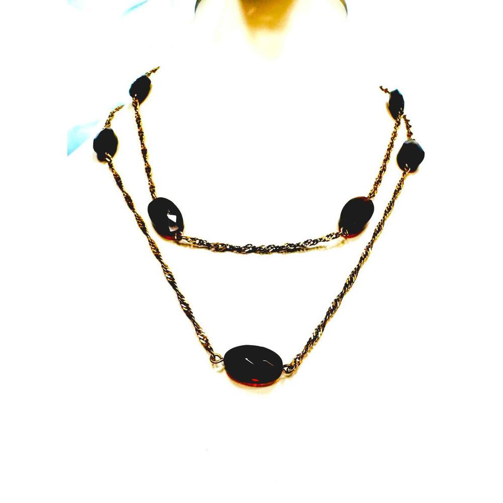 Unsigned Dual Gold Tone Twisted Chain with Faceted Dark Amber Crystals Necklace